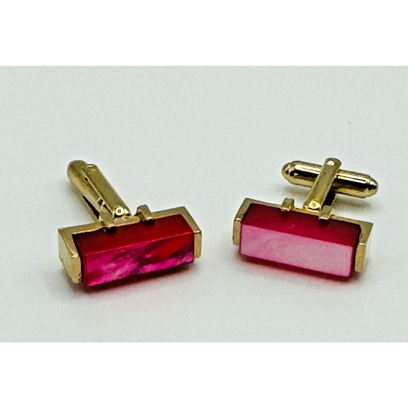 Vintage Gold Tone Glass Stone Red/Pink Rectangle Cufflinks Markers Mark "S" - Picture 1 of 7